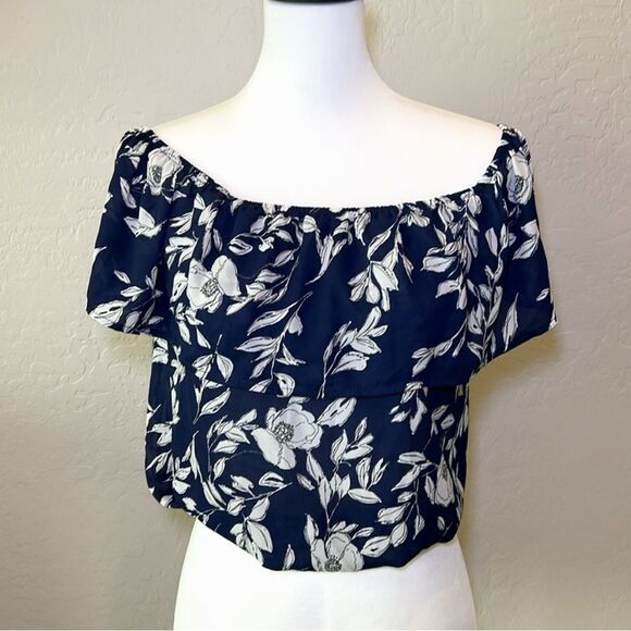 Sienna Sky Floral Ruffle Off The Shoulder Short Sleeve Blue White Elastic Top S - Picture 1 of 7